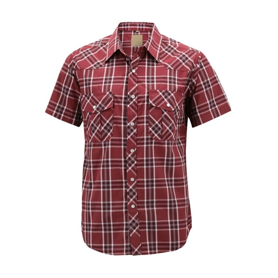 Men’s Western Short Sleeve Button Down Casual Plaid Pearl Snap Cowboy Shirt (#8 Red/White/Black, 2XL)