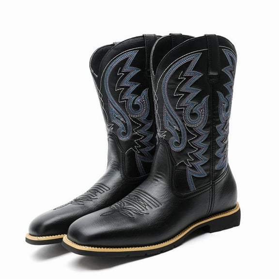 Men's Western Slip On Work-Casual Boots High Heel Embroidered Mid-Calf Boots Country Boot