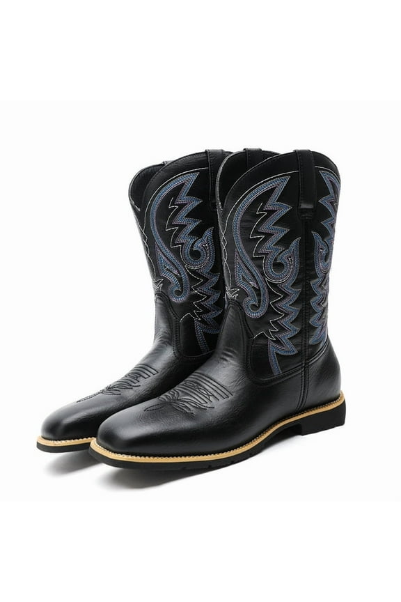Men's Western Slip On Work-Casual Boots High Heel Embroidered Mid-Calf Boots Country Boot