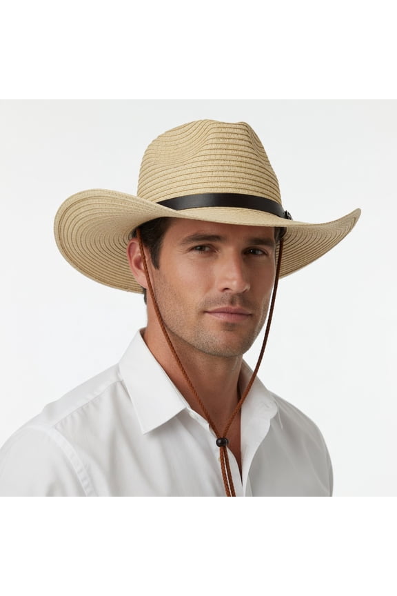Men's Western Straw Cowboy Sun Hat - Wide Brim UPF 50+ UV Protection Panama Hat with Chin Strap, Foldable for Outdoor, Fishing & Beach