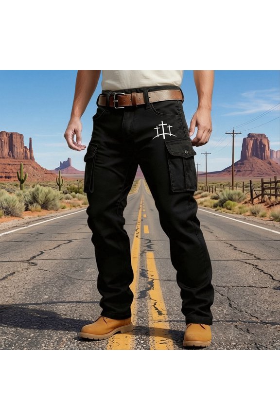 Men's Western Style Cargo Pants - Retro Cross Embroidery Relaxed Fit Trousers with Multiple Utility Pockets, Casual Work Pants for Outdoor & Daily Wear (S-XXXXXL)