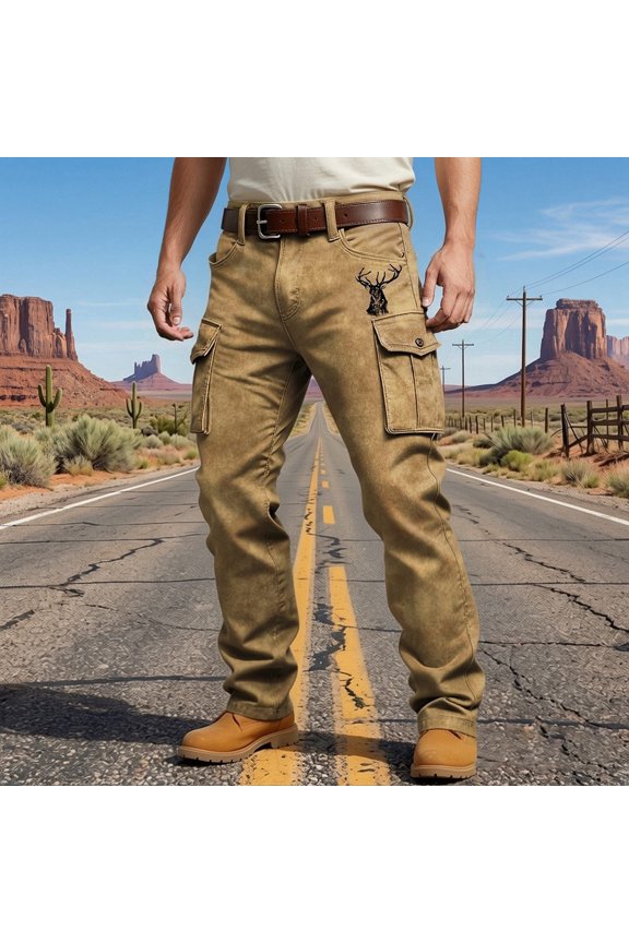 Men's Western Style Cargo Pants - Retro Deer Head Embroidery Relaxed Fit Trousers with Multiple Utility Pockets, Casual Work Pants for Outdoor & Daily Wear (S-XXXXXL)