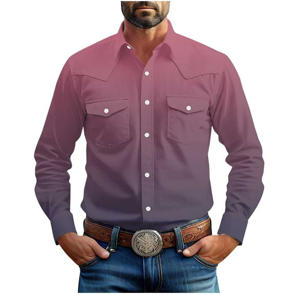 Men's Western Style Shirt Long Sleeve Button Down Cowboy Dress Blouse Retro Casual Tops with Chest Pockets