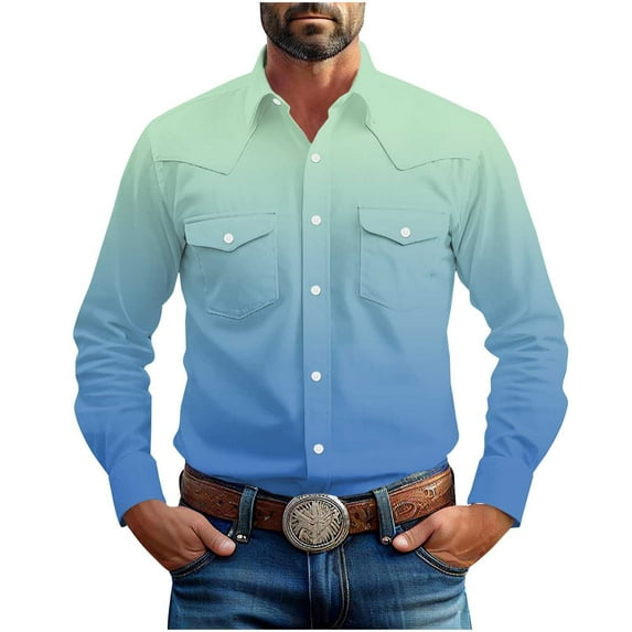 Men's Western Style Shirt Long Sleeve Button Down Cowboy Dress Blouse Retro Casual Tops with Chest Pockets