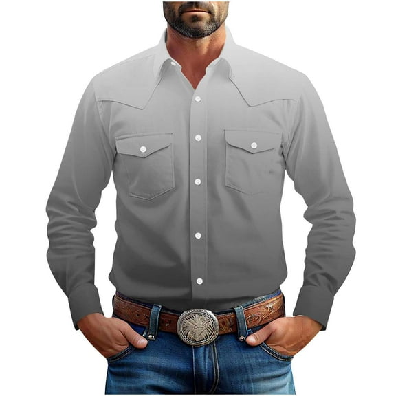 Men's Western Style Shirt Long Sleeve Button Down Cowboy Dress Blouse Retro Casual Tops with Chest Pockets