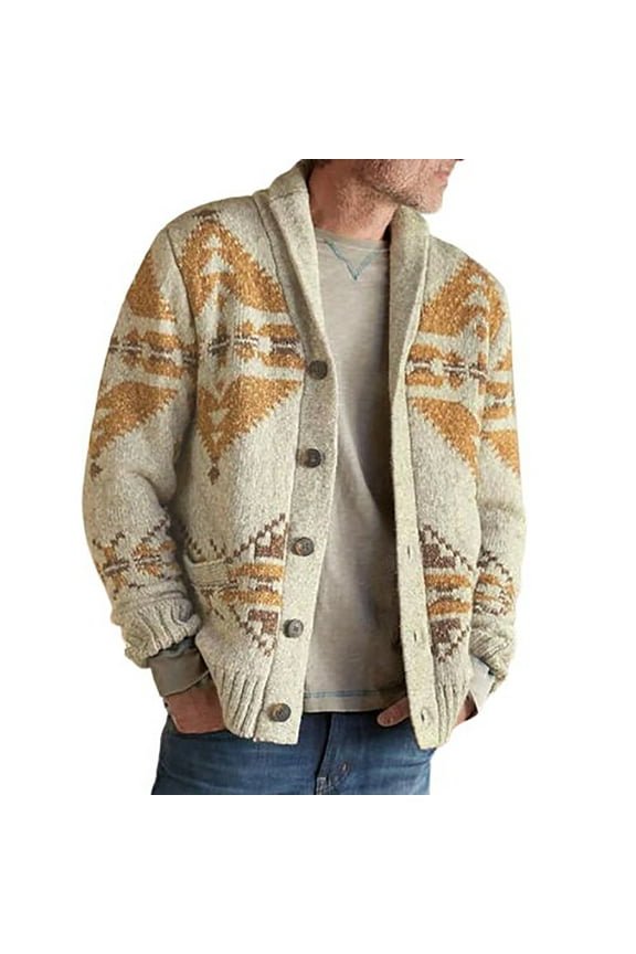 Men's Western Vintage Print Cardigan Lapel Knitted Warm Long Sleeve Sweater Oversized Loose Fit Full Button Casual Coat
