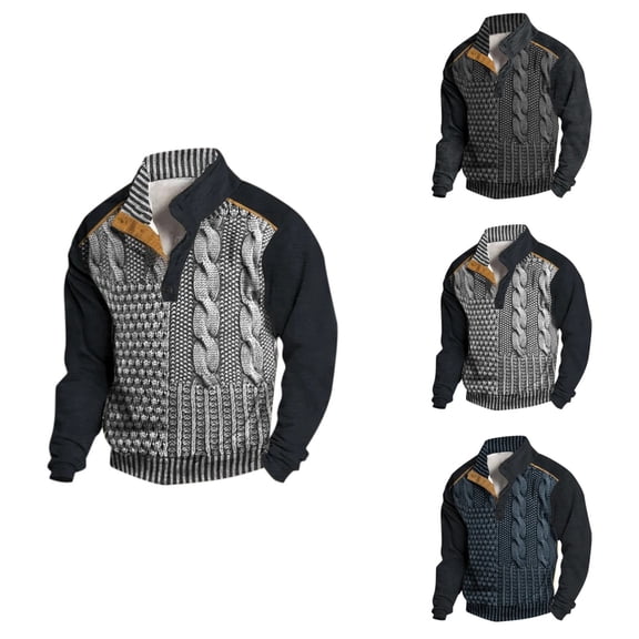 Men's Western Vintage Printed Digital Stand Tie Buckle Sweatshirt, Retro Knit, Gift Option