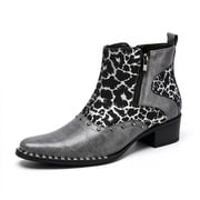 Men's Western Vintage Style Ankle Boots, Pointed Toe Cowboy Boots with Leopard Print, Floral Print Side-Zip Boots, Block Heel Dress Boots for Men