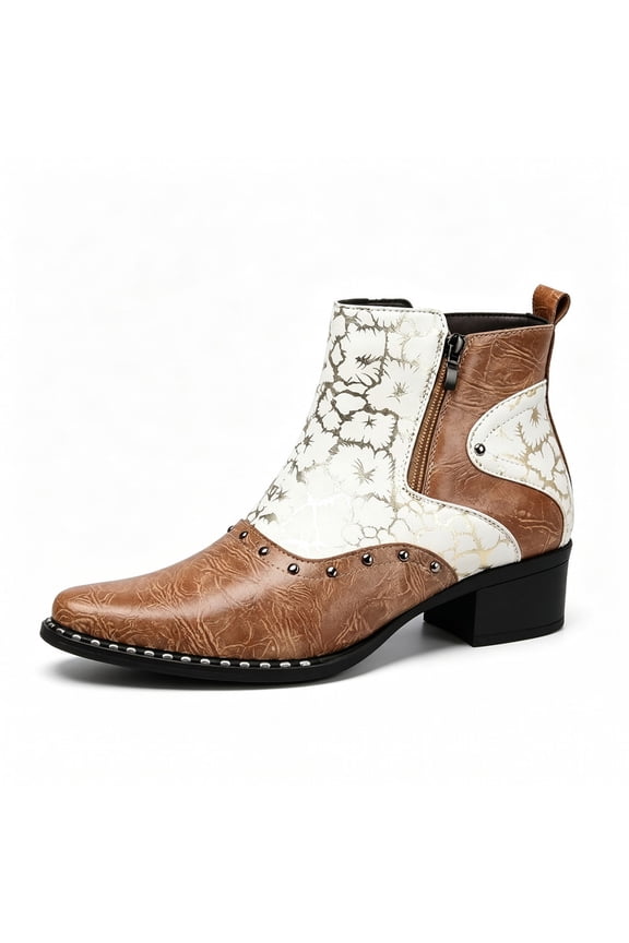 Men's Western Vintage Style Ankle Boots, Pointed Toe Cowboy Boots with Leopard Print, Floral Print Side-Zip Boots, Block Heel Dress Boots for Men