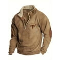 thumbnail image 1 of Men's Western Wool Jacket Denim Bull-Head Print Pullover – Quarter-Zip Stand Collar Long Sleeve Sports Sweatshirt,M,brown, 1 of 4