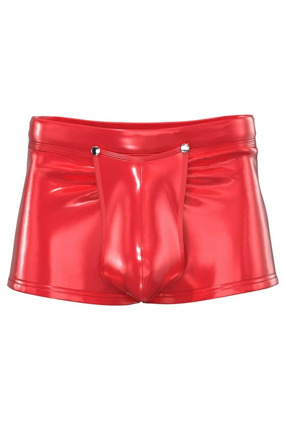 Men's Wet Look Latex PVC Leather Shorts See Through Boxer Briefs with Button Removable Pouch Club Hot Pants