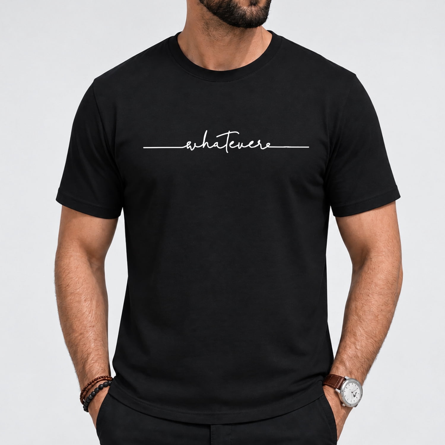 Fflashback Script Men's Whatever Script Text T Shirt, Short Sleeved Casual Cotton Black ...