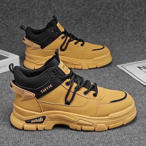 Men's Wheat Thick-Soled High-Top Work Boots, Non-Slip Lace-Up Platform Martin Boots, Fashion Casual Hiking Shoes for Daily Wear