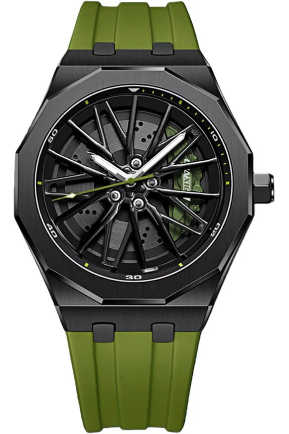 Men’s Wheel Rim Dial Quartz Watch Rotating Hub Design Waterproof Casual Dress Sport Watch with Luminous Markers Creative 3D Spinning Car Wheel Watches