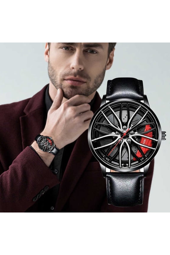 Men's Wheel Sports Watch Automotive Design, QQZ Rotating Rim Quartz Movement Fashion Watch for Men, Water Resistant 30M Luminous Dial Tire Shaped Timepiece for Outdoor Activities, Red