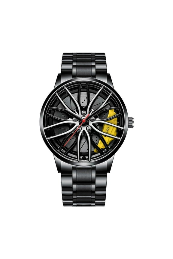 Men’s Wheel Sports Watch – Tire Shaped Quartz Fashion Watch with Rotating Rim Dial, Luminous Display 30M Water Resistant Alloy Case Car Inspired Timepiece
