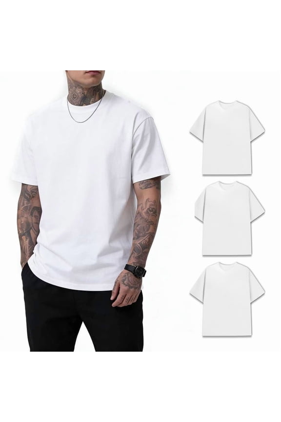 Men's White 100% Cotton Heavyweight T-Shirt 180GSM, Crew Neck Solid Basic Tee, Soft & Durable Casual Shirts S-3XL 3 Pack