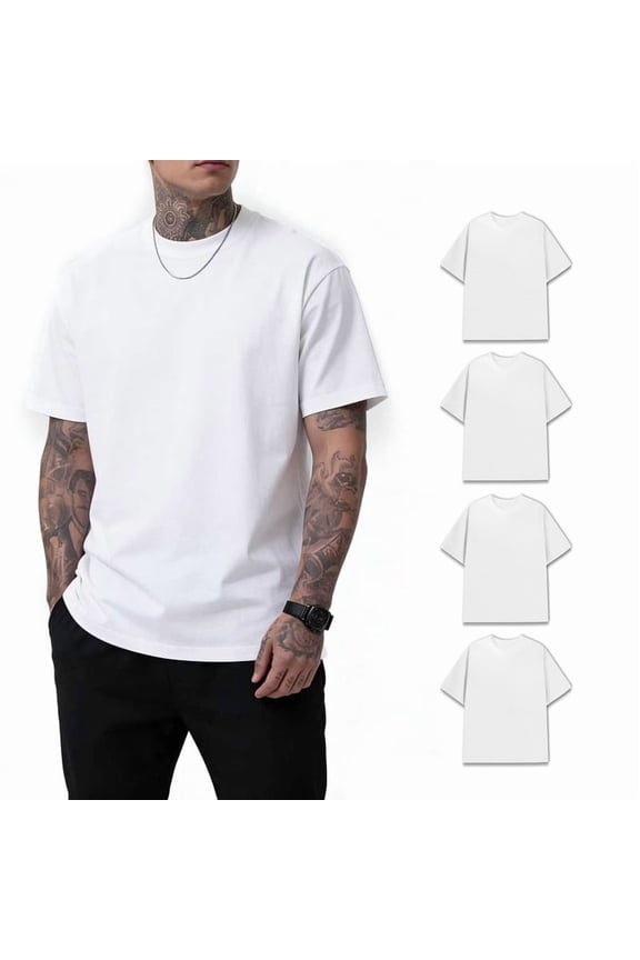 Men's White 100% Cotton Heavyweight T-Shirt 180GSM, Crew Neck Solid Basic Tee, Soft & Durable Casual Shirts S-3XL 4 Pack