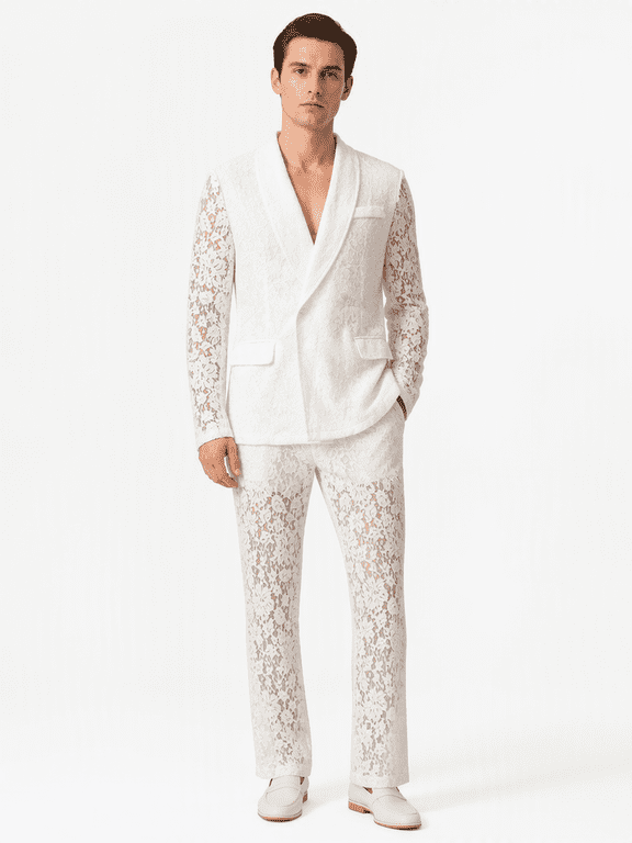 Men's White 2-Piece Lace Suit with Peak Lapels, Double-Breasted Blazer and Trousers