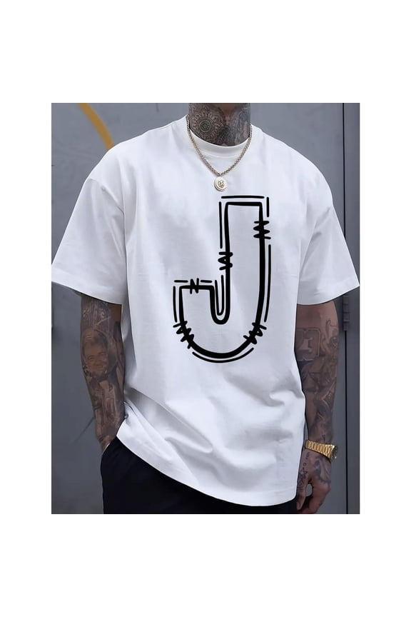 Men's White Artistic Letter "J" Graphic Tee Plus Size S-5XL, Stylish Printed T-Shirt, Casual Oversized Top for Streetwear Enthusiasts & Personalized Style Lovers