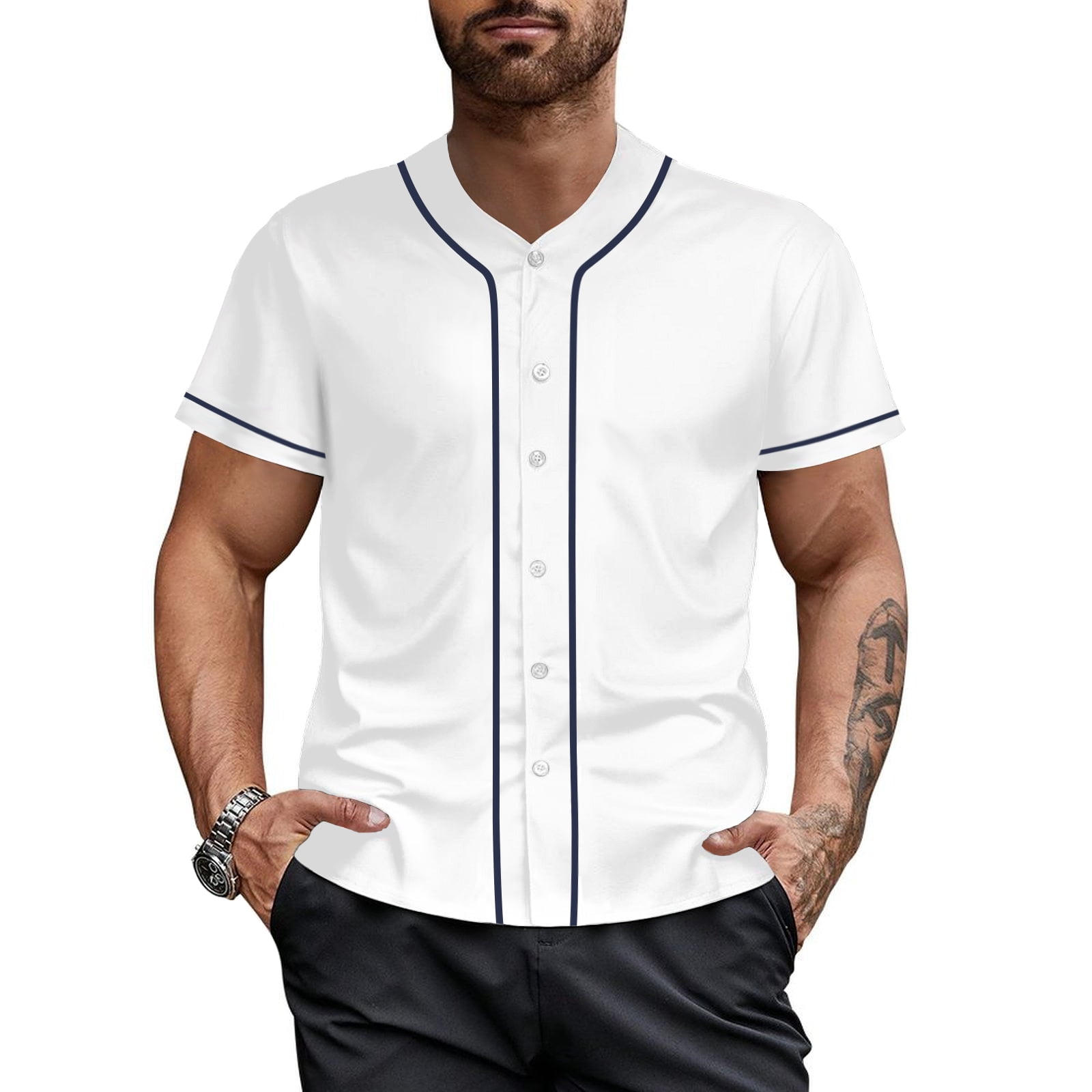 Men's White Baseball Jersey Button Down Shirt Hip Hop