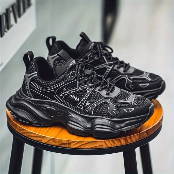 Men's White Black Chunky Platform Dad Sneakers, Breathable Mesh Fashion Athletic Shoes, Non-Slip Casual Walking Shoes for Daily Wear