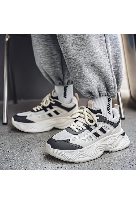 Men's White Black Chunky Platform Dad Sneakers, Breathable Mesh Retro Fashion Shoes, Non-Slip Casual Walking Shoes for Daily Wear