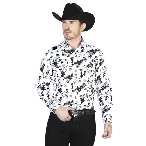 Men's White/Black Printed Long Sleeve Western Shirt 'El Señor de los Cielos' 43952