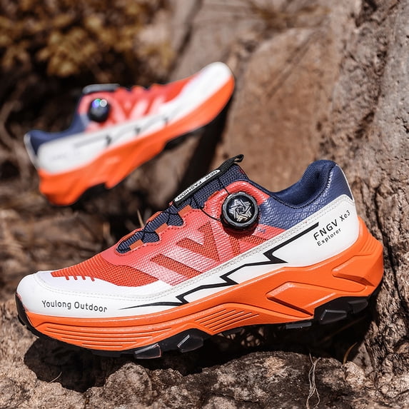 Men's White Black Rotating Buckle Hiking Shoes, Breathable Mesh Anti Slip Rugged Sole Outdoor Trekking Sneakers