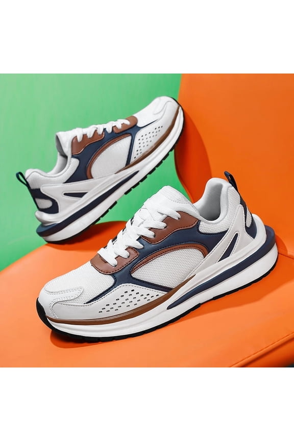 Men's White, Blue & Brown Multi-Color Breathable Mesh Running Shoes, Lightweight Athletic Sneakers