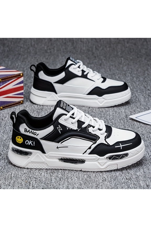 Men's White Blue Graffiti Platform Sneakers, Low-Top Casual Fashion Shoes, Non-Slip Walking Shoes for Daily Wear