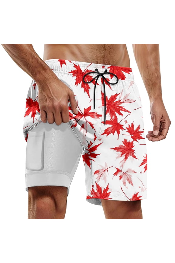 Men's White Board Shorts with Red Maple Leaf Pattern, Comfortable Fit for Beach, Gatherings & Everyday Use