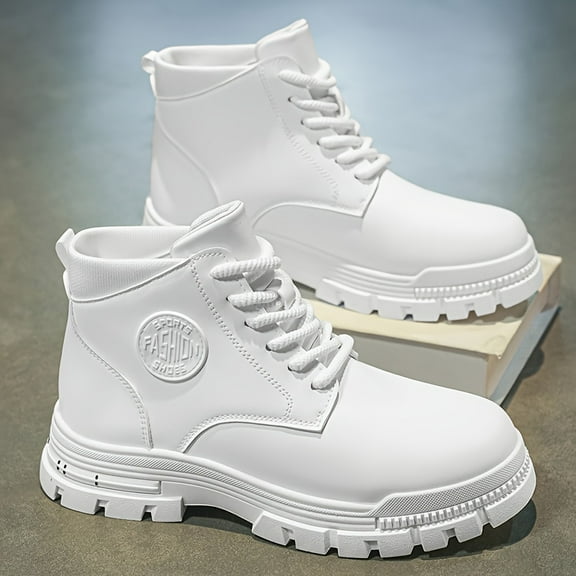 Men's White Boots - Mid-Calf Height Chunky Sole Rugged Traction Tread, Lace-Up Round Toe Winter & Autumn Boots for,M Casual & Casual Attire - Comfortable Durable Boots for Men with Cushioned Insole