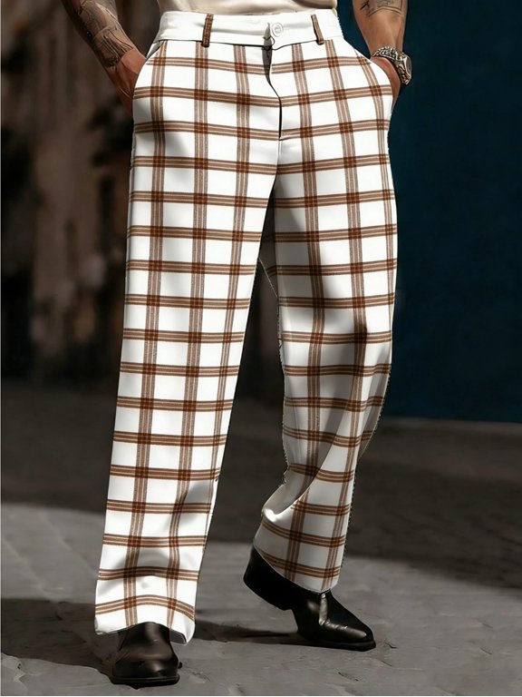 Men's White & Brown Plaid Print Wide Leg Dress Pants, Vintage British Style, All-Season Formal Wear for Adults, Ideal for Commute, Weddings & Banquets