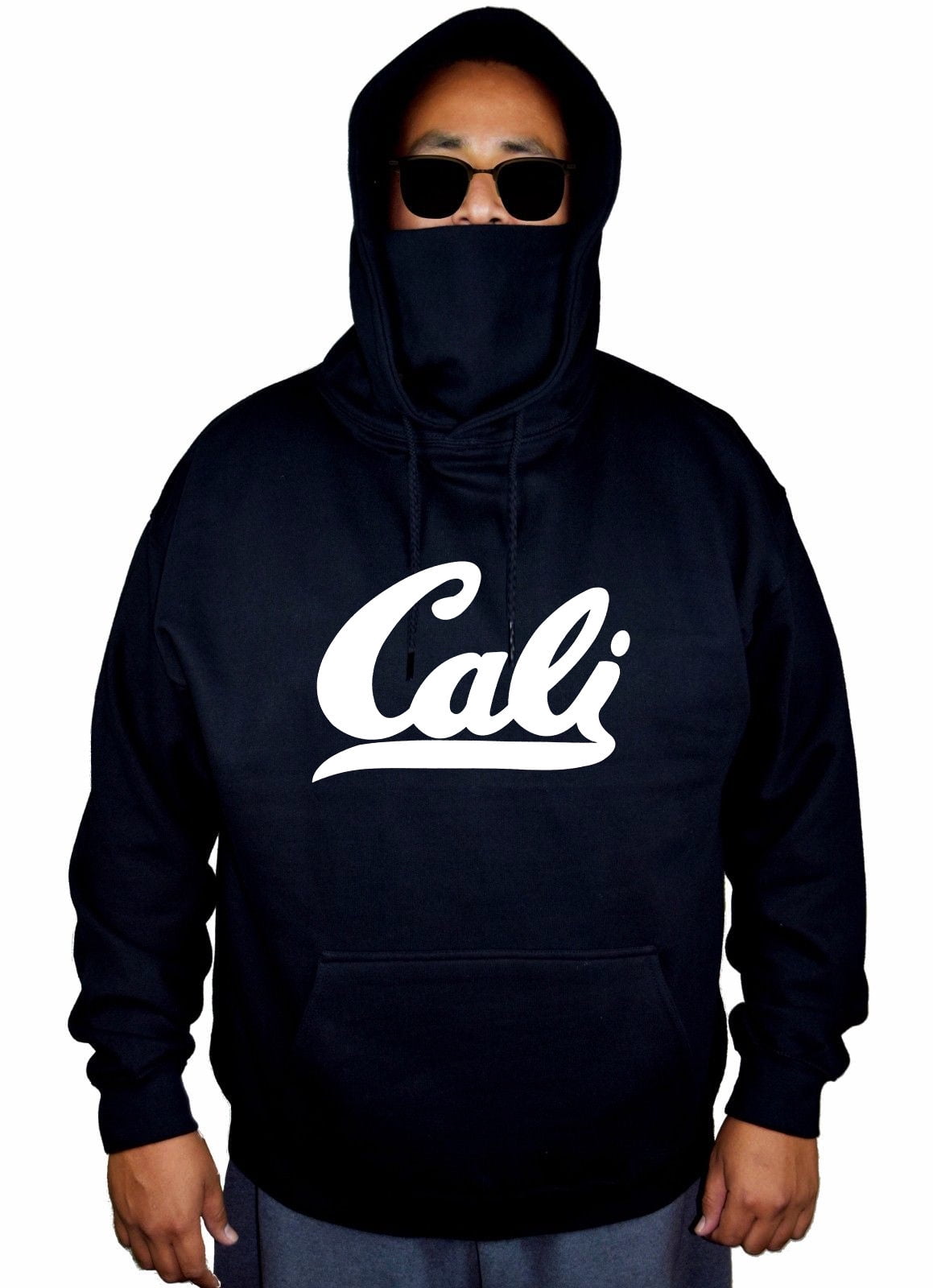 Men's White Cali Logo California Republic Black Mask Hoodie Sweater X-Large  Black 