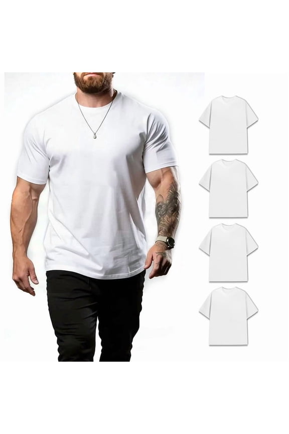 Men's White Casual T-Shirt 100% Cotton Heavyweight 180GSM, Crew Neck Solid Basic Tee, Soft & Durable S-3XL, 4 Pack