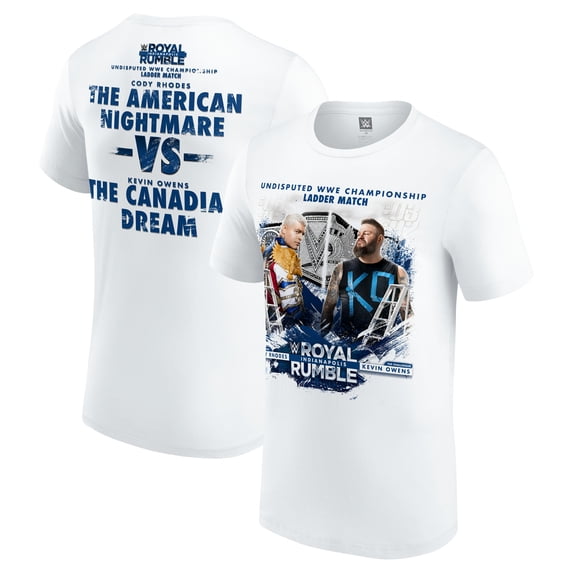 Men's White Cody Rhodes vs. Kevin Owens Royal Rumble 2025 Undisputed WWE Championship Ladder Match T-Shirt