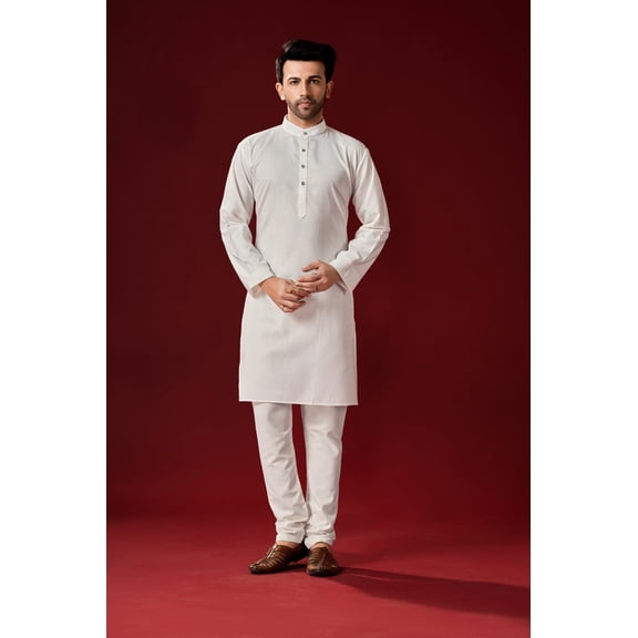 Men's White Color Indian Traditional Wear Tunic Cotton Kurta Pajama Set