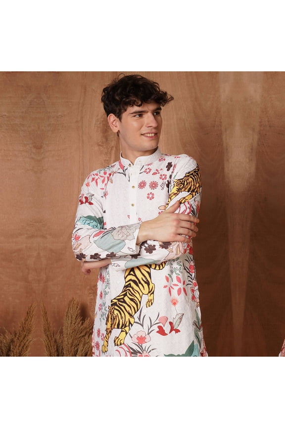 Men‚Äôs White Designer Kurta with Tiger & Floral Print | Unique Festive Wear for Wedding, Haldi & Cultural Events