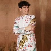 Men s White Designer Kurta with Tiger & Floral Print | Unique Festive Wear for Wedding, Haldi & Cultural Events