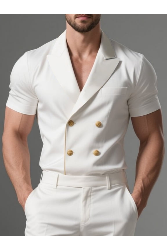 Men's White Double Breasted Suit Lapel Short Sleeve Shirt, Slim Fit Light Business Formal Top for Spring Summer Events