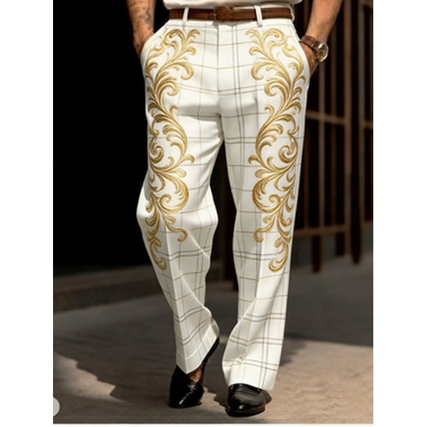 white and gold dress pants Men's Scroll Plaid Wide Leg Pants, European Luxury Style, All-Season Formal Wear for Adult, Ideal for Party, Wedding, Business Occasions LowStock:43642535084083