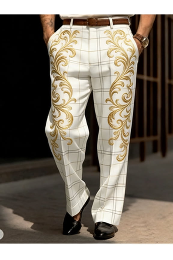 Men's White Gold Scroll Plaid Wide Leg Dress Pants, European Luxury Style, All-Season Formal Wear for Adult, Ideal for Party, Wedding, Business Occasions