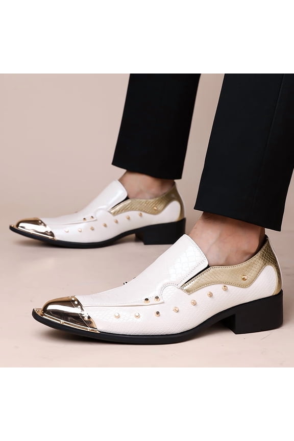 Men's White & Gold Studded Pointed-Toe Loafers - Formal Slip-On Dress Shoes with Metallic Toe Cap