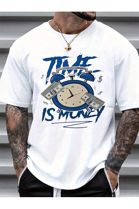 Men's White Graphic T-Shirt Time Is Money Print Short Sleeve Crew Neck Casual Streetwear Tee
