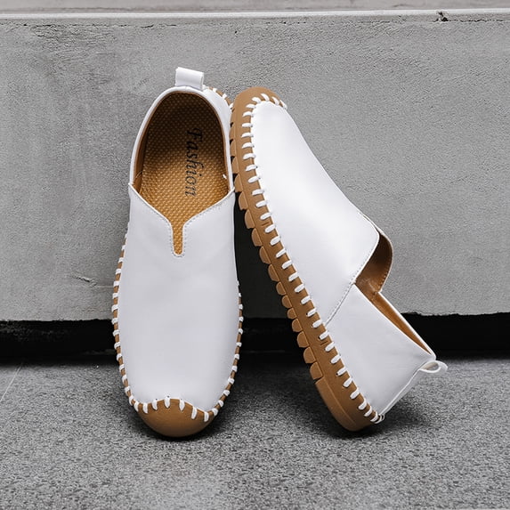 Men's White Hand Stitched Leather Slip-On Casual Loafers