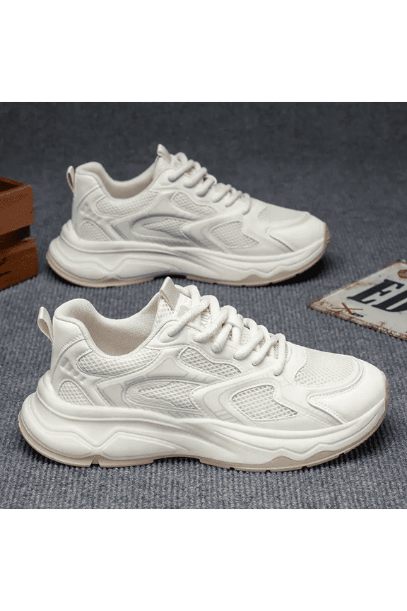 Men's White Height-Increasing Thick-Soled Sneakers - All-Season Comfort Walking Shoes with Cushion & PVC Sole, Instant Height Boost for Gym, Casual， Breathable -like Mesh & Lace-Up Low-Top Design