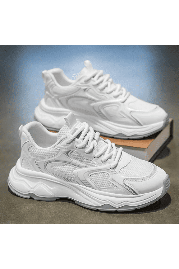 Men's White Height-Increasing Thick-Soled Sneakers - Breathable -like Mesh & Lace-Up Low-Top Design, All-Season Comfort Walking Shoes with Cushion & PVC Sole, Instant Height Boost for Gym, Casual, Da