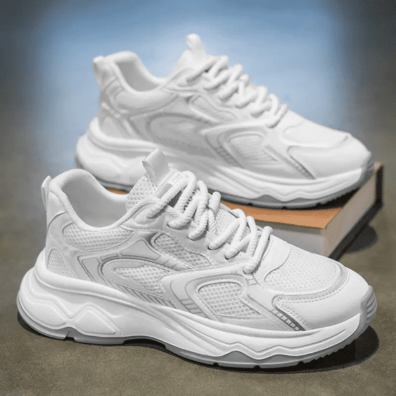 Men's White Height-Increasing Thick-Soled Sneakers - All-Season Comfort Walking Shoes with Cushion & PVC Sole, Breathable -like Mesh & Lace-Up Low-Top Design, Instant Height Boost for Gym, Casual,