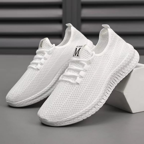 Men's White Hollow Mesh Slip-On Breathable Running Sneakers Elastic No-Tie Casual Shoes